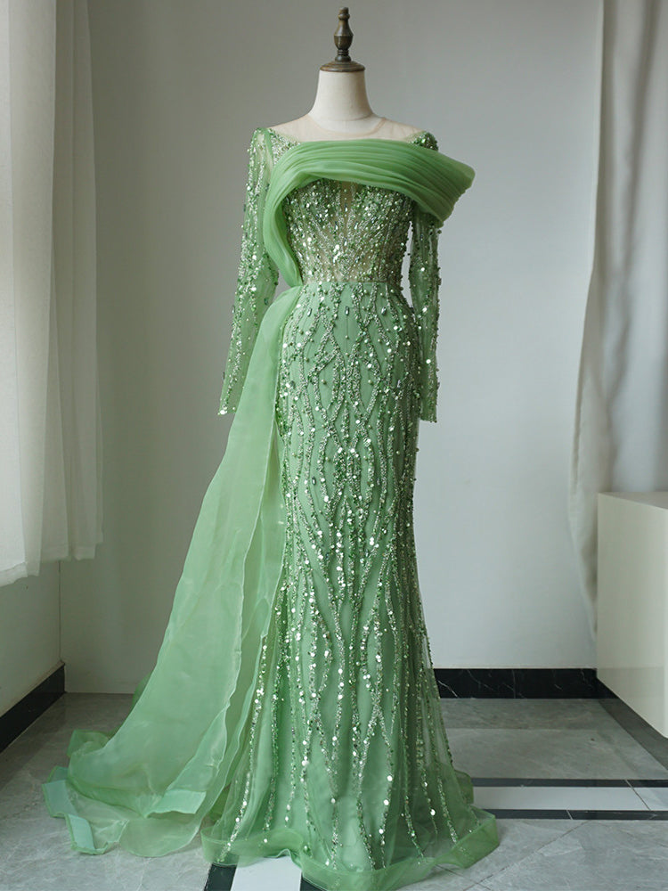 Mermaid Scoop Luxury Beaded Long Prom Dress Sky Blue Evening Gowns CRN006|Selinadress