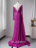 Mermaid Scoop Neck Beaded Long Prom Dress Long Sleeve Evening Formal Gown EWR107|Selinadress
