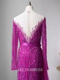 Mermaid Scoop Neck Beaded Long Prom Dress Long Sleeve Evening Formal Gown EWR107|Selinadress