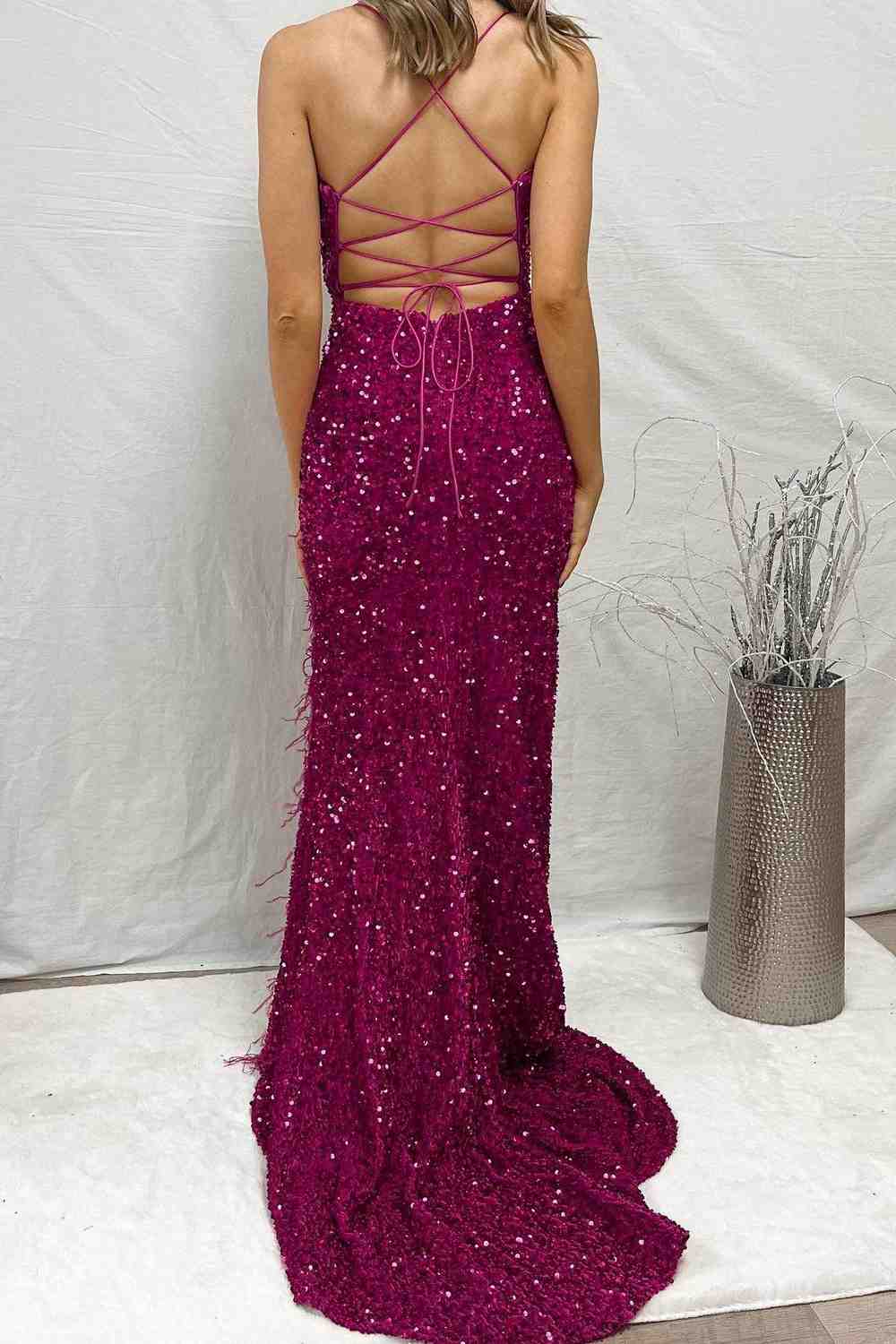 lace up backless sequin prom dress Burgundy Sequin Lace-Up Back Long Prom Dress with Slit Burgundy / 2