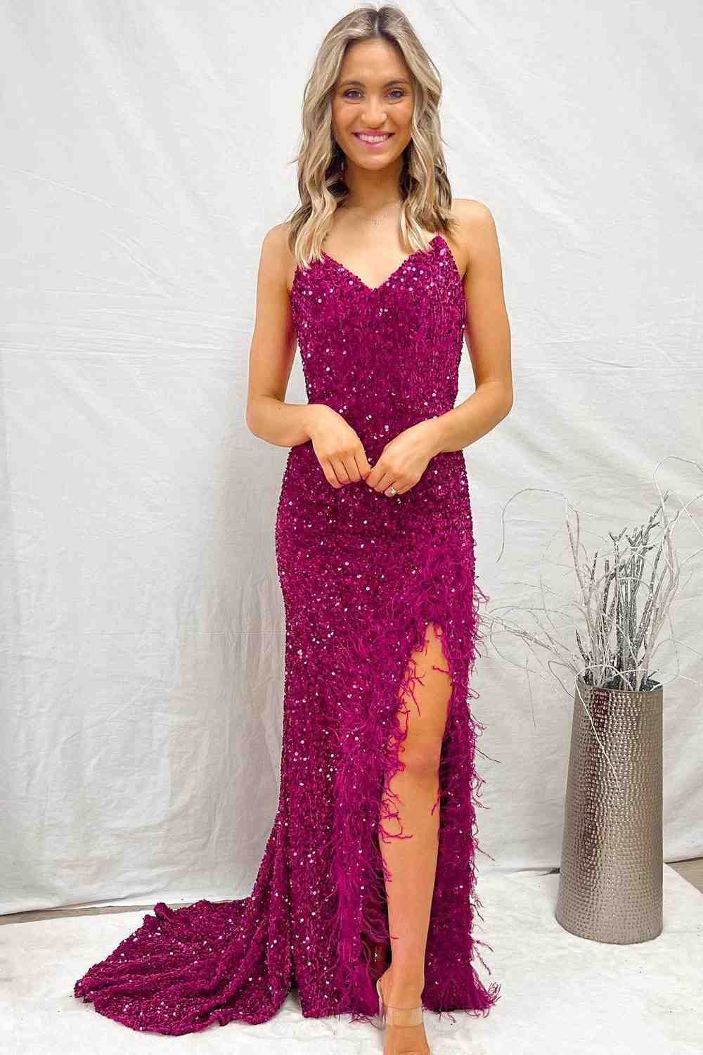 Mermaid Sequins Lace-Up Back Slit Long Prom Dress with Feathers Formal SELINADRESS Mermaid Sequins Lace-Up Back Slit Long Prom Dress with Feathers Formal SELINADRESS