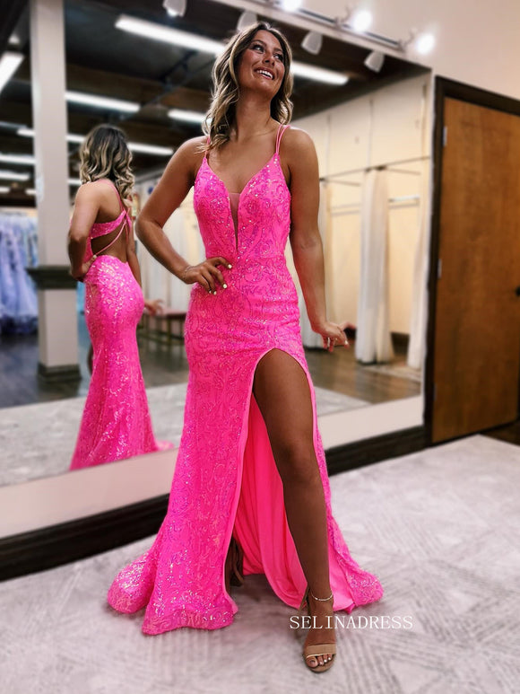 Mermaid Shiny Sequins Long Prom Dress With Split SEW1200|Selinadress