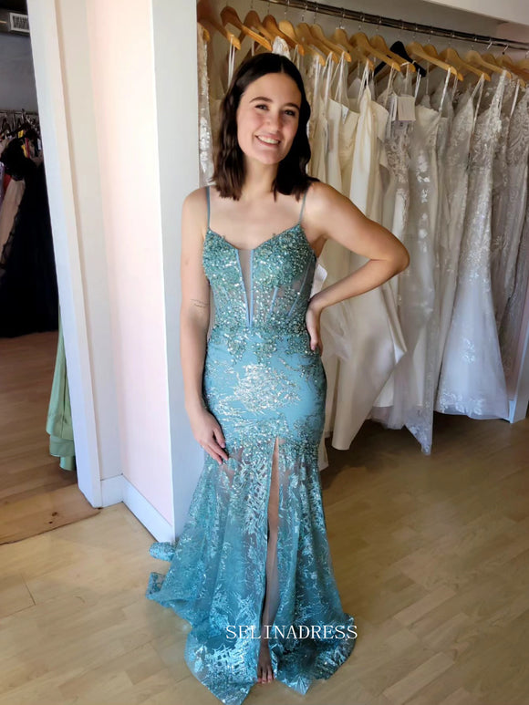 Mermaid Spaghetti Straps Blue Lace Long Prom Dress Evening Gowns sew1042|Selinadress