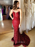 Mermaid Spaghetti Straps Burgundy Sequins Long Prom Dress sew1040|Selinadress