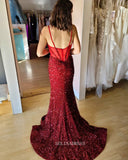 Mermaid Spaghetti Straps Burgundy Sequins Long Prom Dress sew1040|Selinadress