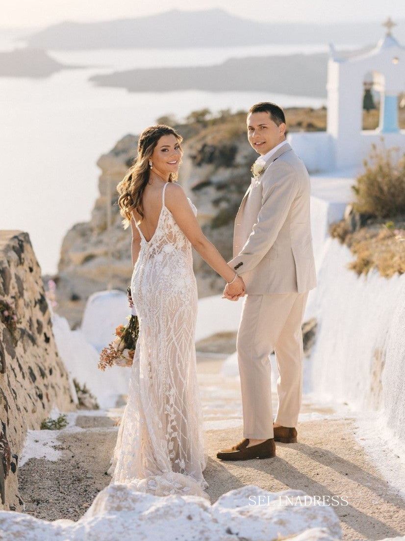 Mermaid Spaghetti Straps Lace Wedding Dresses Elegant Beaded Bridal Go SELINADRESS Mermaid Spaghetti Straps Lace Wedding Dresses Elegant Beaded Bridal Go SELINADRESS
