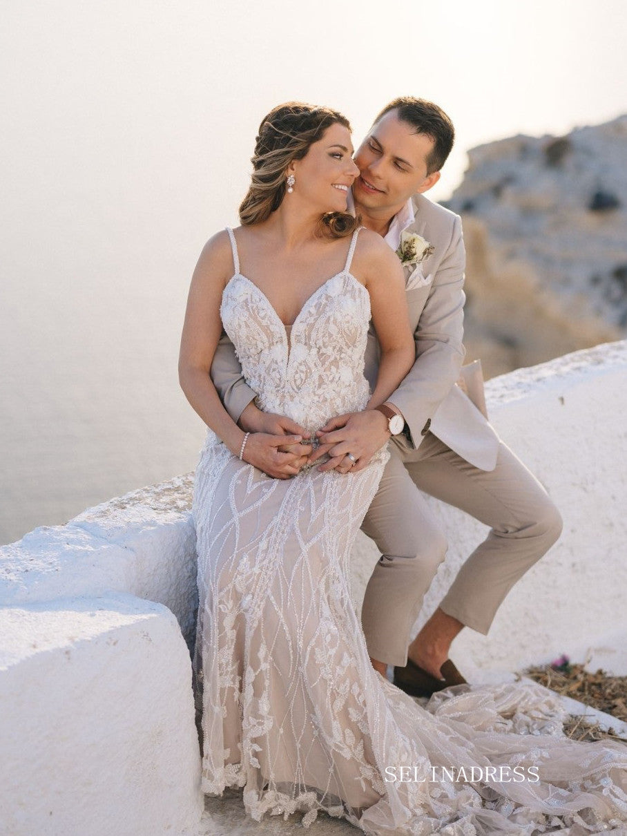 Mermaid Spaghetti Straps Lace Wedding Dresses Elegant Beaded Bridal Go SELINADRESS Mermaid Spaghetti Straps Lace Wedding Dresses Elegant Beaded Bridal Go SELINADRESS