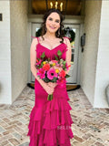 Mermaid Spaghetti Straps Red Long Prom Dress With Ruffles sew1041|Selinadress