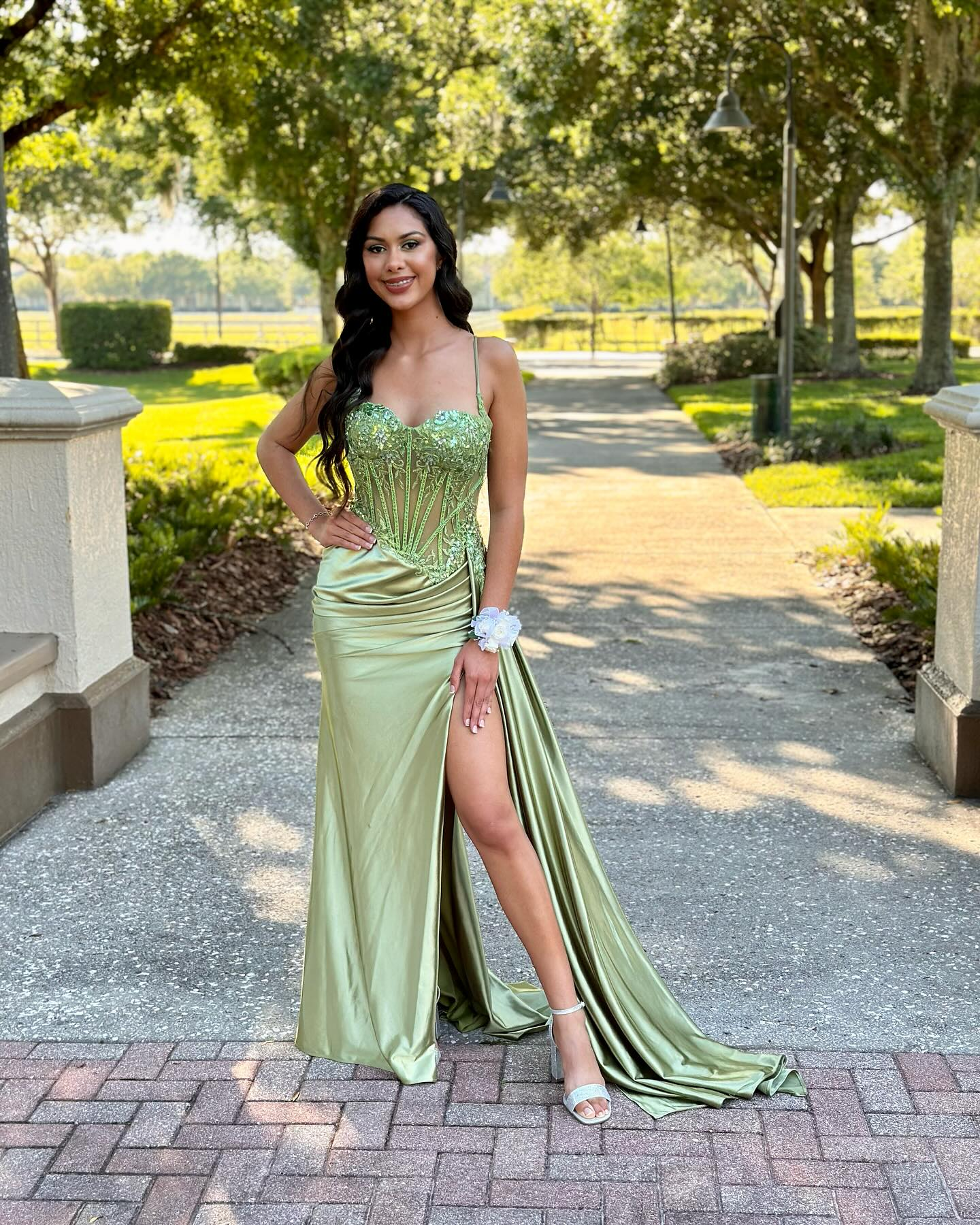 Mermaid Spaghetti Straps Sage Corset Prom Dress with Appliques sew1089 SELINADRESS Mermaid Spaghetti Straps Sage Corset Prom Dress with Appliques sew1089 SELINADRESS