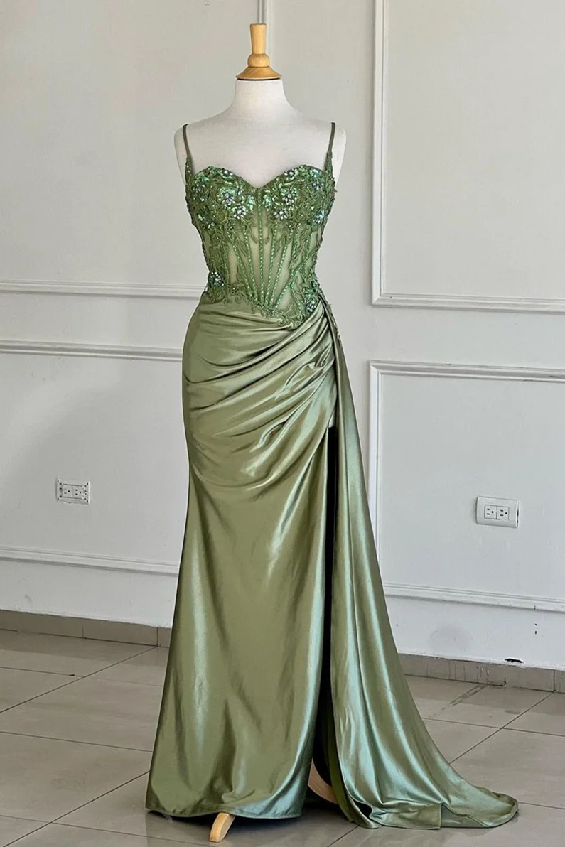 Mermaid Spaghetti Straps Sage Corset Prom Dress with Appliques sew1089 Mermaid Spaghetti Straps Sage Corset Prom Dress with Appliques sew1089
