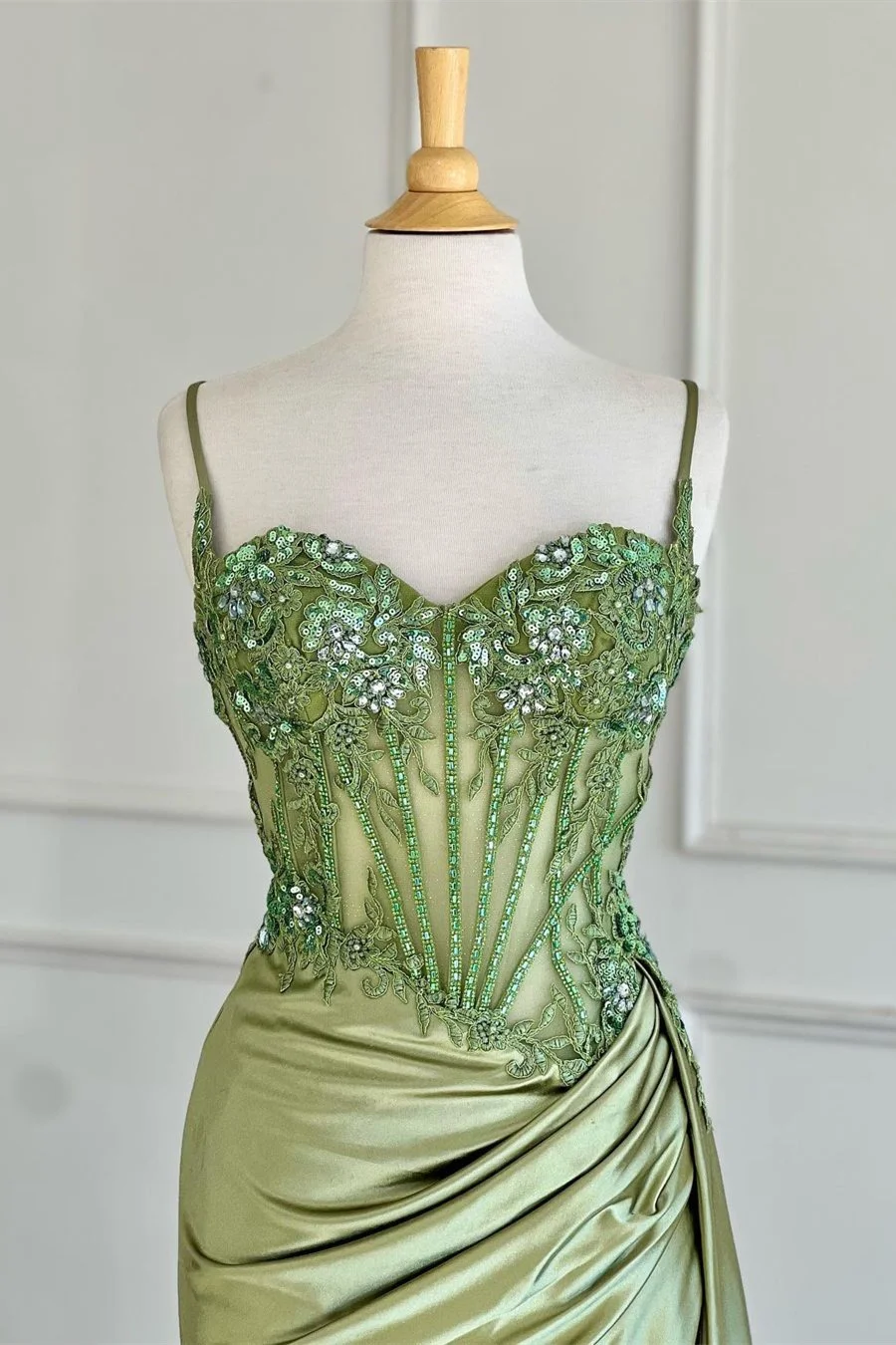 Mermaid Spaghetti Straps Sage Corset Prom Dress with Appliques sew1089 SELINADRESS Mermaid Spaghetti Straps Sage Corset Prom Dress with Appliques sew1089 SELINADRESS