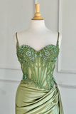 Mermaid Spaghetti Straps Sage Corset Prom Dress with Appliques sew1089|Selinadress