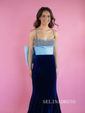 Mermaid Spaghetti Straps Sky Blue Beaded Long Prom Dress With Bowknot sew0603|Selinadress