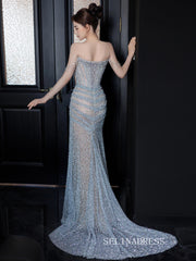 Mermaid Spaghetti Straps Sparkly Beaded Long Prom Dresses Evening Dresses YY007|Selinadress