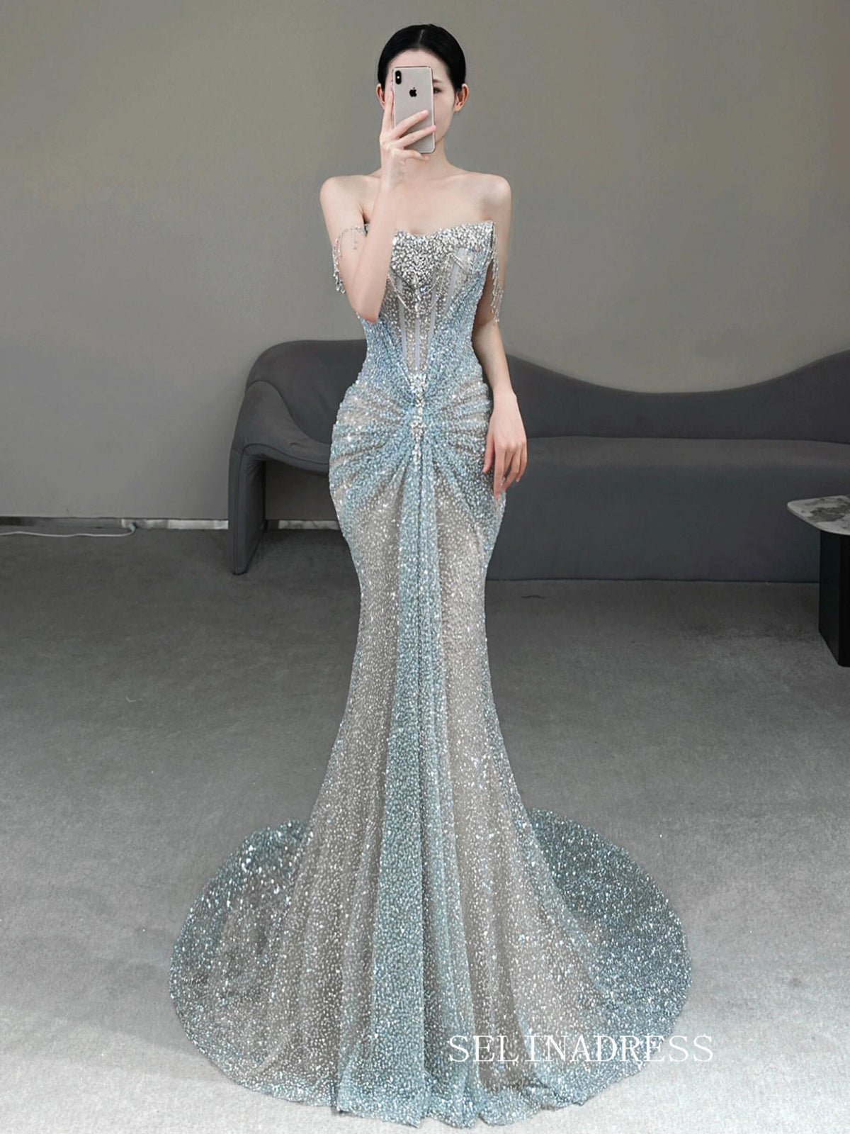Mermaid Spaghetti Straps Sparkly Beaded Long Prom Dresses Evening Dresses YY007|Selinadress
