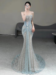 Mermaid Spaghetti Straps Sparkly Beaded Long Prom Dresses Evening Dresses YY007|Selinadress