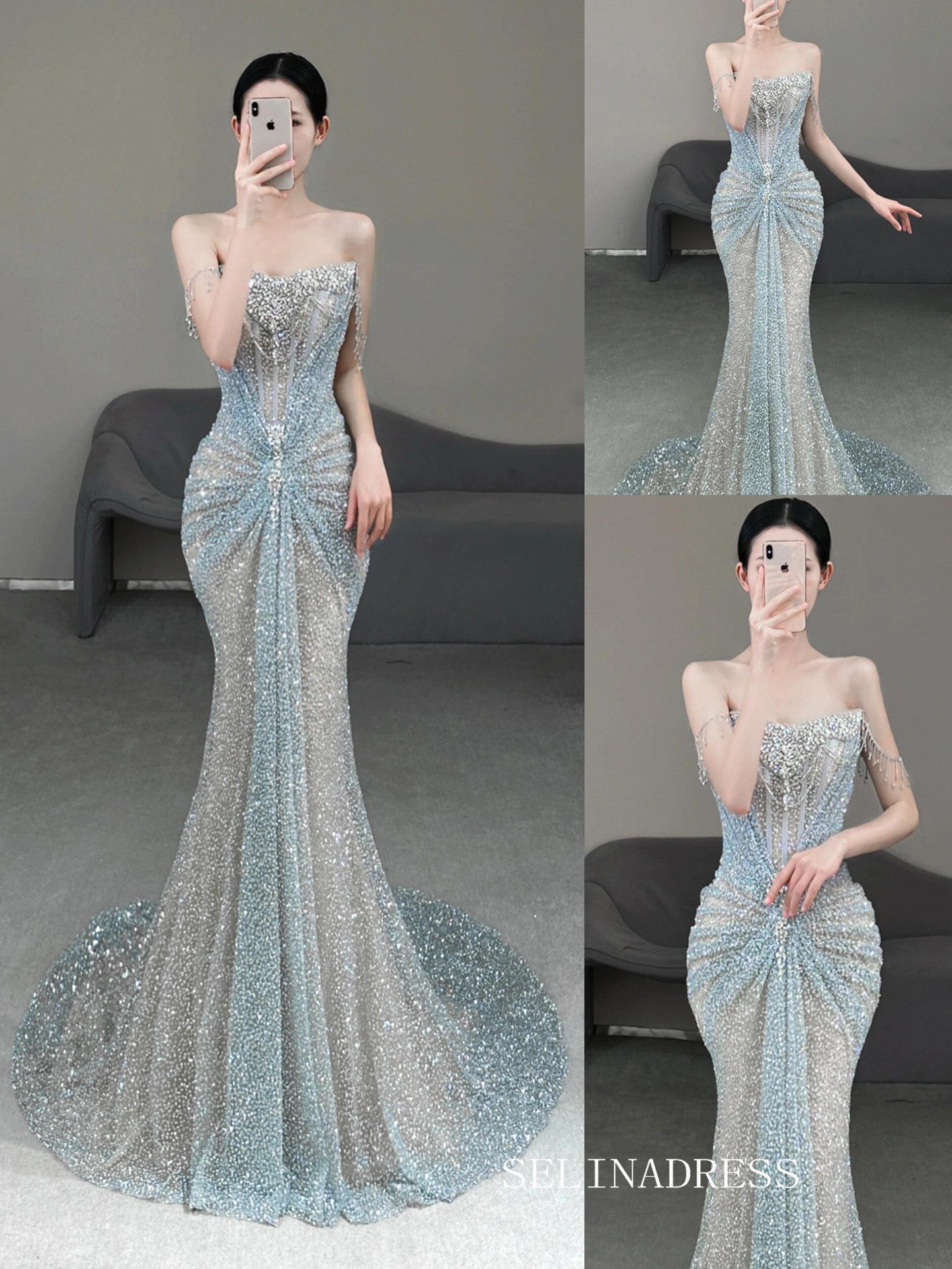 Mermaid Spaghetti Straps Sparkly Beaded Long Prom Dresses Evening Dresses YY007|Selinadress
