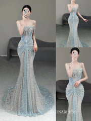Mermaid Spaghetti Straps Sparkly Beaded Long Prom Dresses Evening Dresses YY007|Selinadress