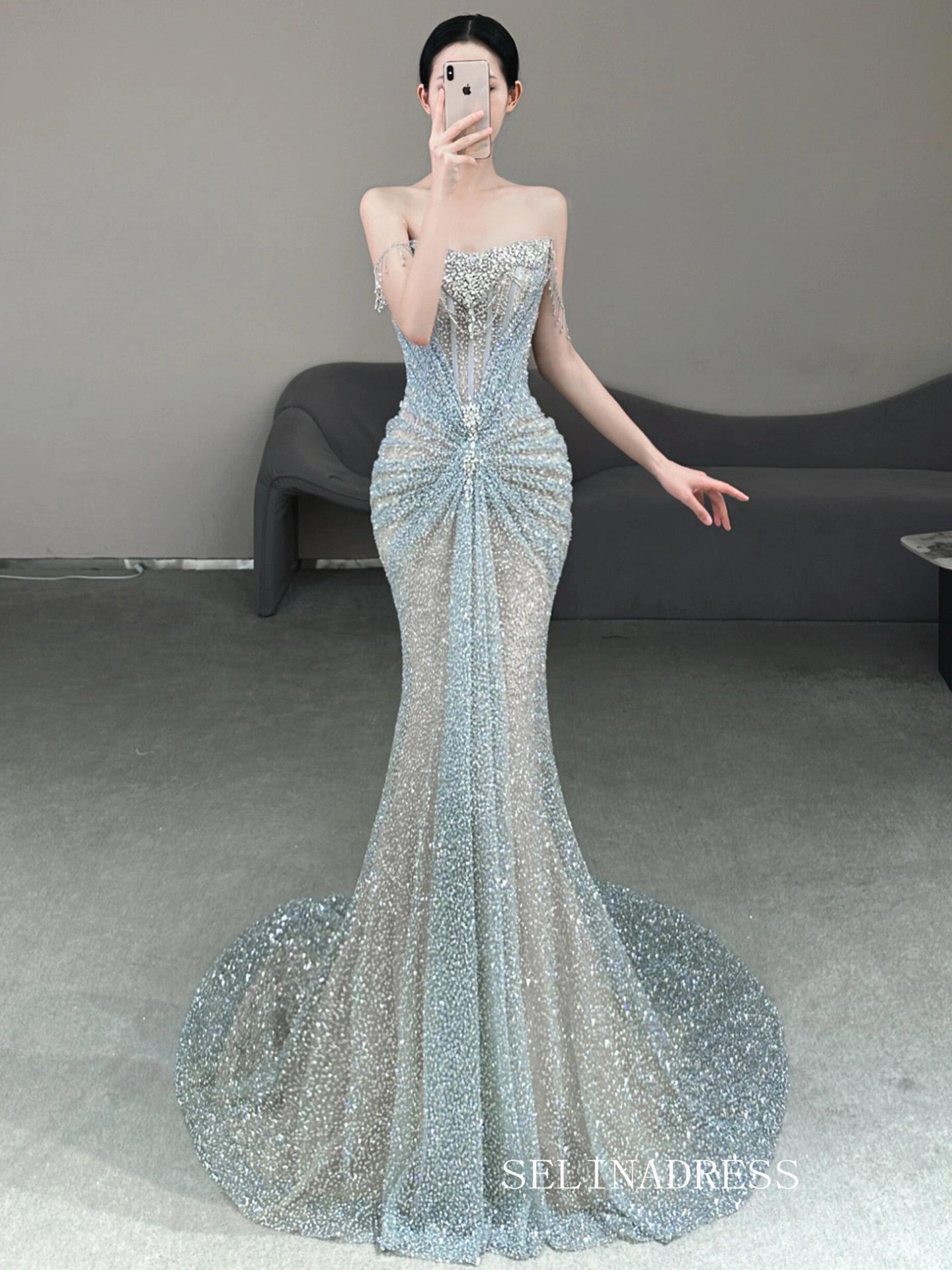 Mermaid Spaghetti Straps Sparkly Beaded Long Prom Dresses Evening Dresses YY007|Selinadress