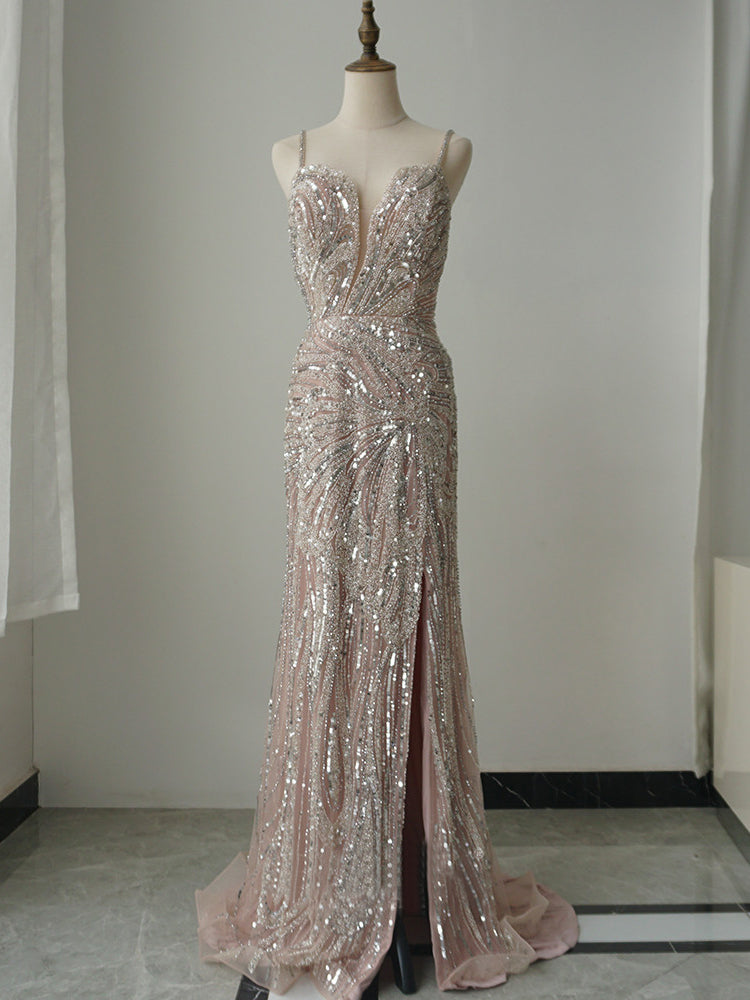 Mermaid Spaghetti Straps Unique Beaded Long Prom Dress Luxury Evening Gowns CRN005|Selinadress