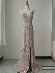 Mermaid Spaghetti Straps Unique Beaded Long Prom Dress Luxury Evening Gowns CRN005|Selinadress