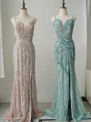Mermaid Spaghetti Straps Unique Beaded Long Prom Dress Luxury Evening Gowns CRN005|Selinadress