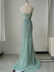 Mermaid Spaghetti Straps Unique Beaded Long Prom Dress Luxury Evening Gowns CRN005|Selinadress