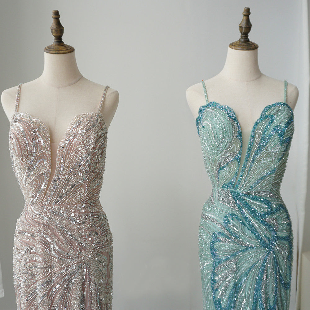 Mermaid Spaghetti Straps Unique Beaded Long Prom Dress Luxury Evening Gowns CRN005|Selinadress