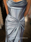 Mermaid Strapless Blue Long Prom Dress Evening Dress With Slit sew0615|Selinadress