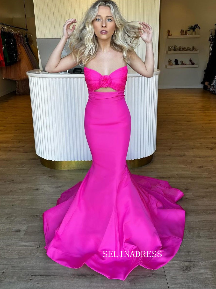 Mermaid Strapless Hot Pink Long Prom Dress Satin Evening Dress sew1039 SELINADRESS Mermaid Strapless Hot Pink Long Prom Dress Satin Evening Dress sew1039 SELINADRESS