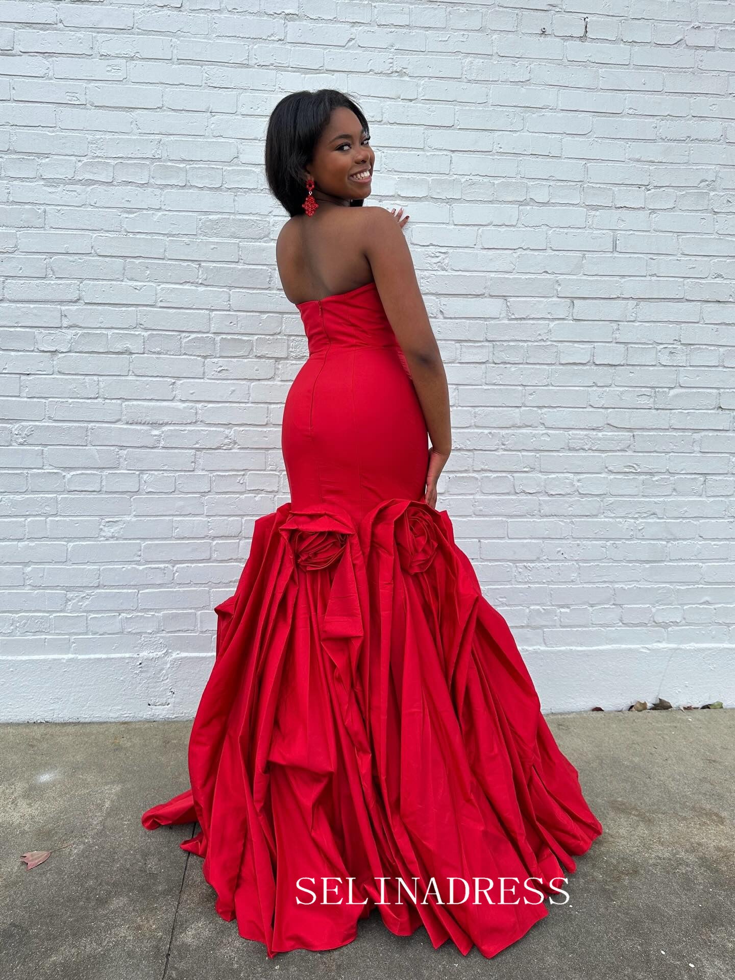 Mermaid Strapless Red Prom Dresses With Hand Made Flower Elegant Evening Dresses SEA313|Selinadress