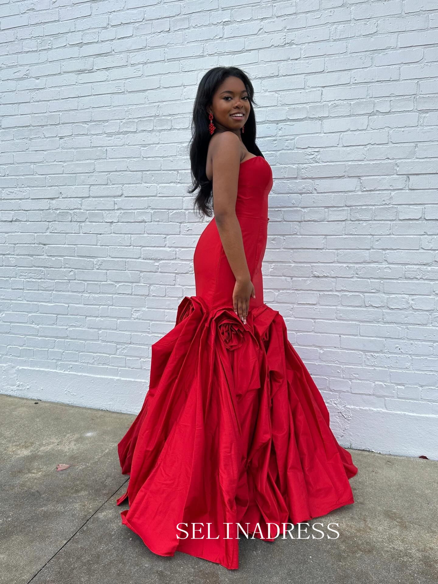 Mermaid Strapless Red Prom Dresses With Hand Made Flower Elegant Evening Dresses SEA313|Selinadress