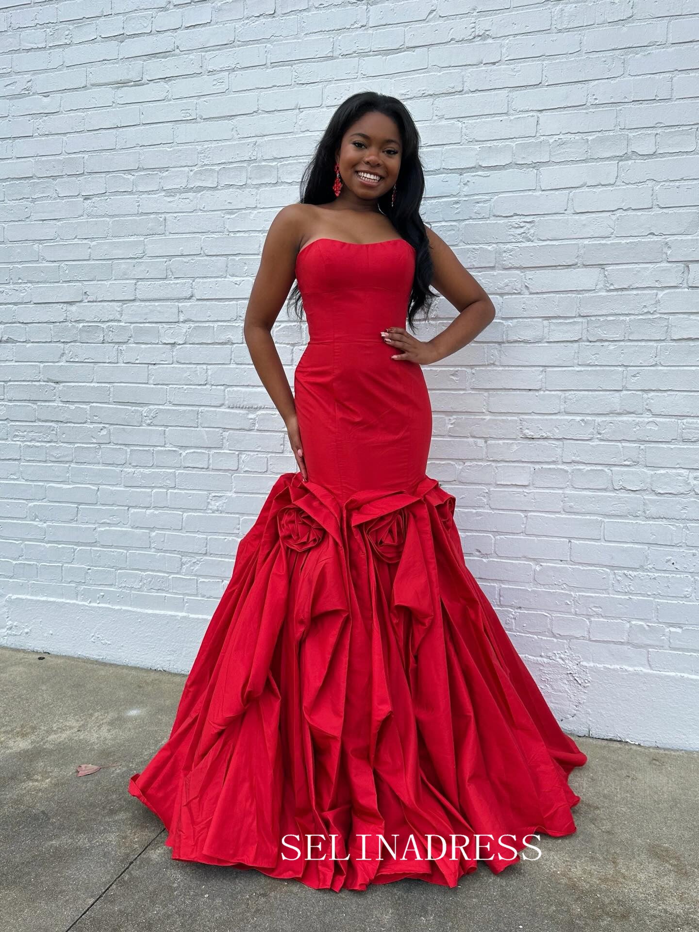 Mermaid Strapless Red Prom Dresses With Hand Made Flower Elegant Evening Dresses SEA313|Selinadress