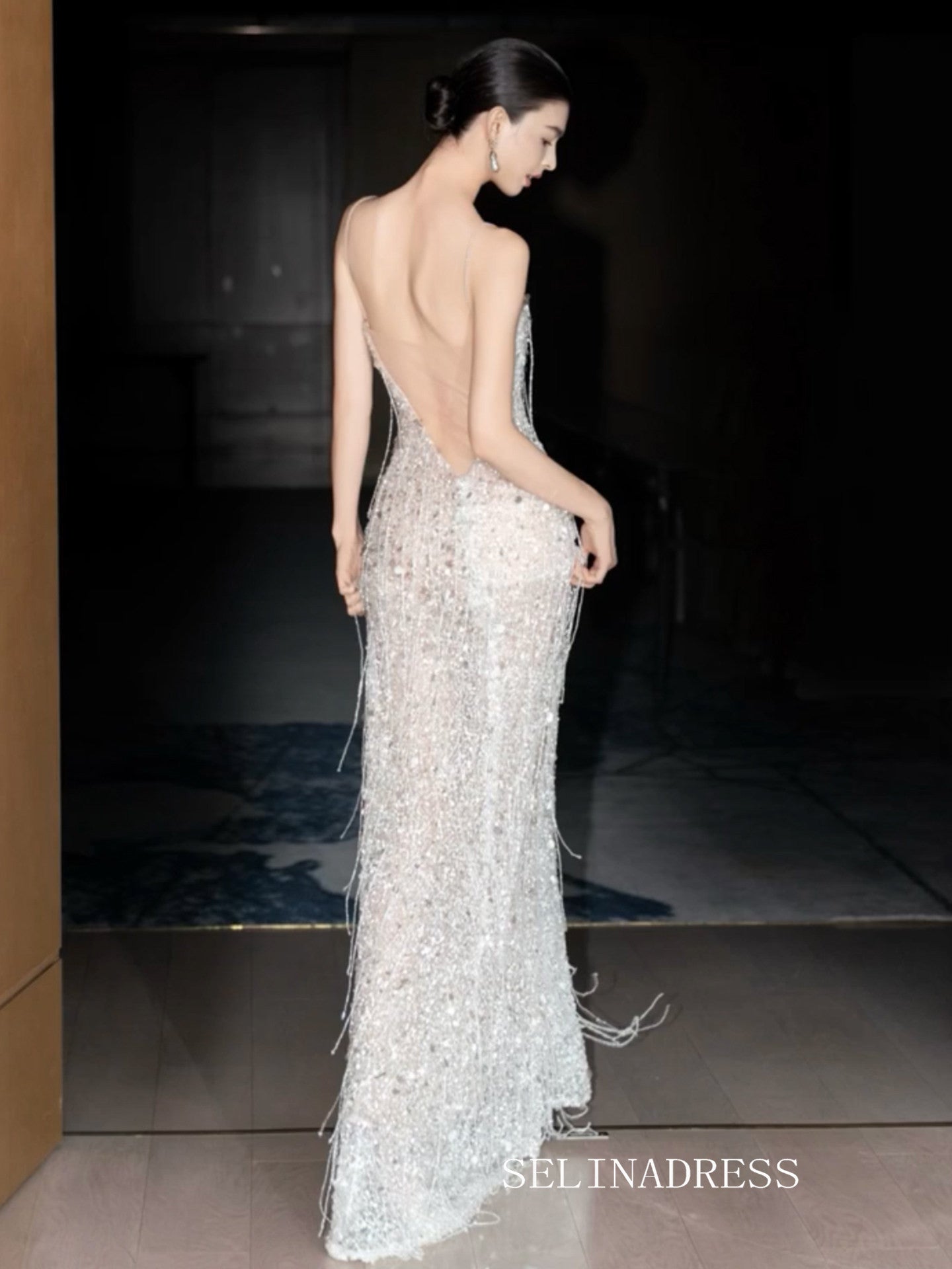 Mermaid Strapless Sparkly Sequins Beaded Long Prom Dresses Evening Dresses YY006|Selinadress