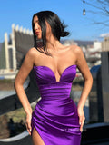 Mermaid Strapless V neck Cheap Long Prom Dress With Slit SEW12012|Selinadress