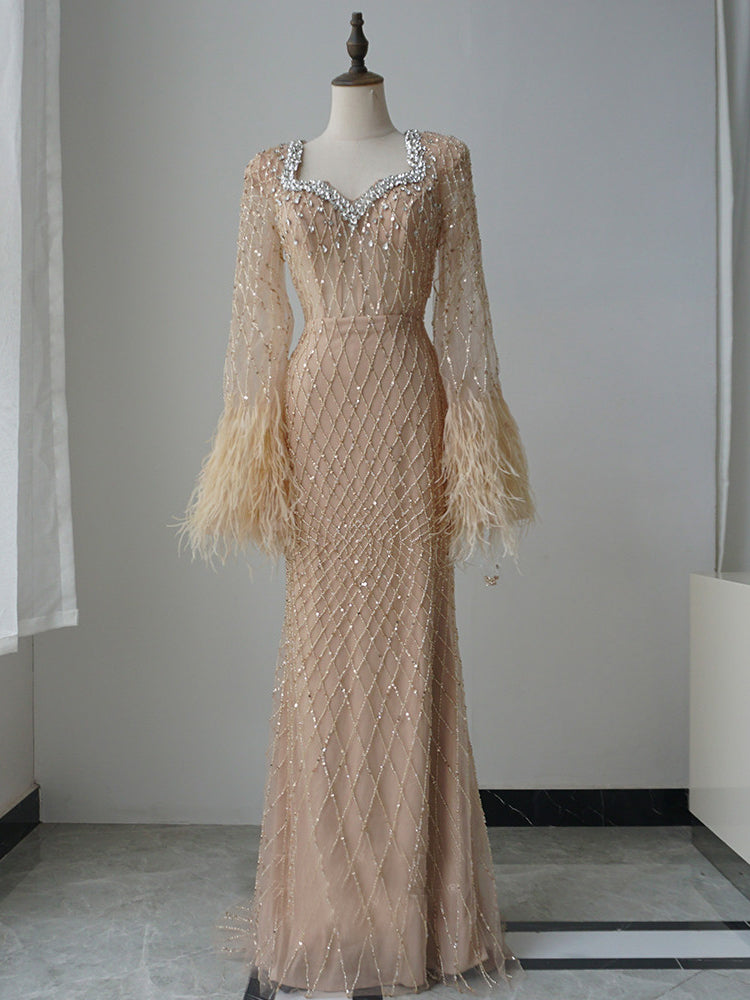 Mermaid Straps Beaded Long Prom Dress Long Sleeve Evening Gowns CRN001|Selinadress