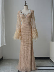 Mermaid Straps Beaded Long Prom Dress Long Sleeve Evening Gowns CRN001|Selinadress