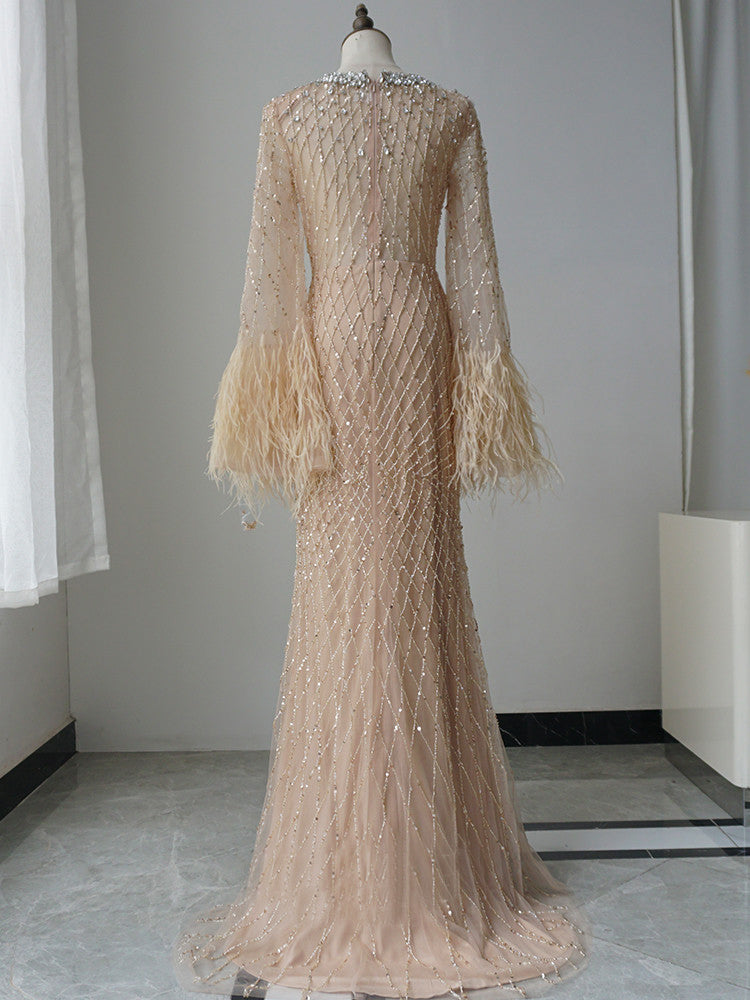 Mermaid Straps Beaded Long Prom Dress Long Sleeve Evening Gowns CRN001|Selinadress