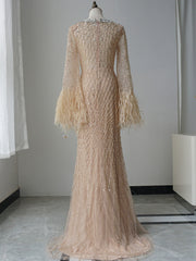 Mermaid Straps Beaded Long Prom Dress Long Sleeve Evening Gowns CRN001|Selinadress