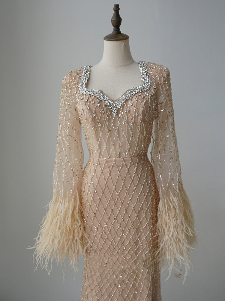 Mermaid Straps Beaded Long Prom Dress Long Sleeve Evening Gowns CRN001|Selinadress