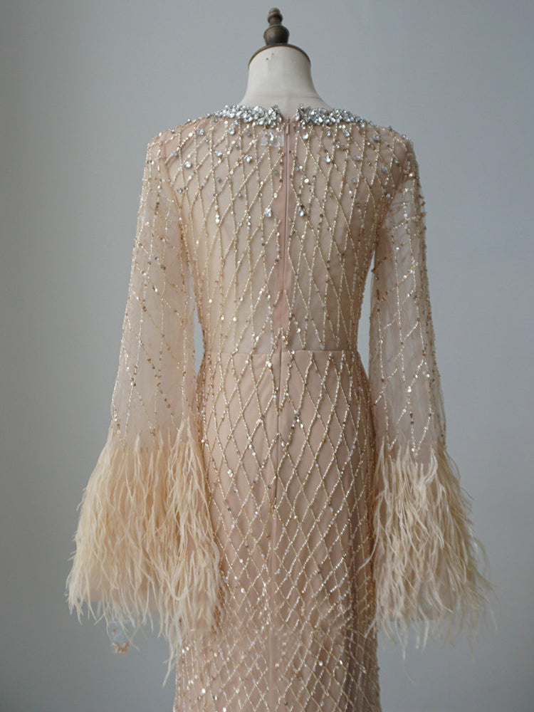 Mermaid Straps Beaded Long Prom Dress Long Sleeve Evening Gowns CRN001|Selinadress