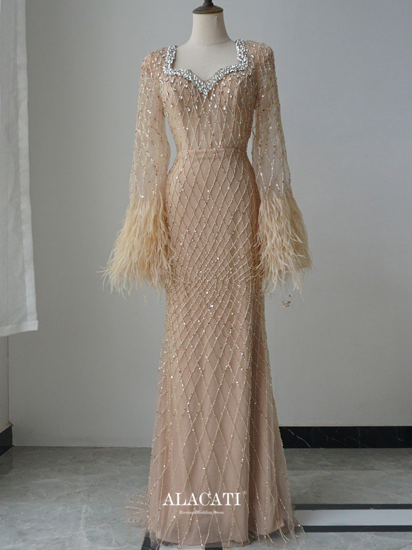 Mermaid Straps Beaded Long Prom Dress Long Sleeve Evening Gowns CRN001|Selinadress