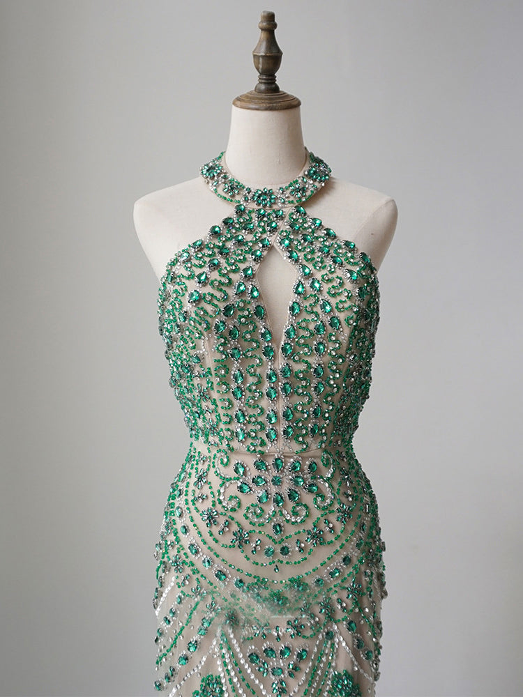 Mermaid Halter Beaded Long Prom Dress Unique Green Evening Gowns CRN004|Selinadress