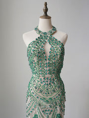 Mermaid Halter Beaded Long Prom Dress Unique Green Evening Gowns CRN004|Selinadress