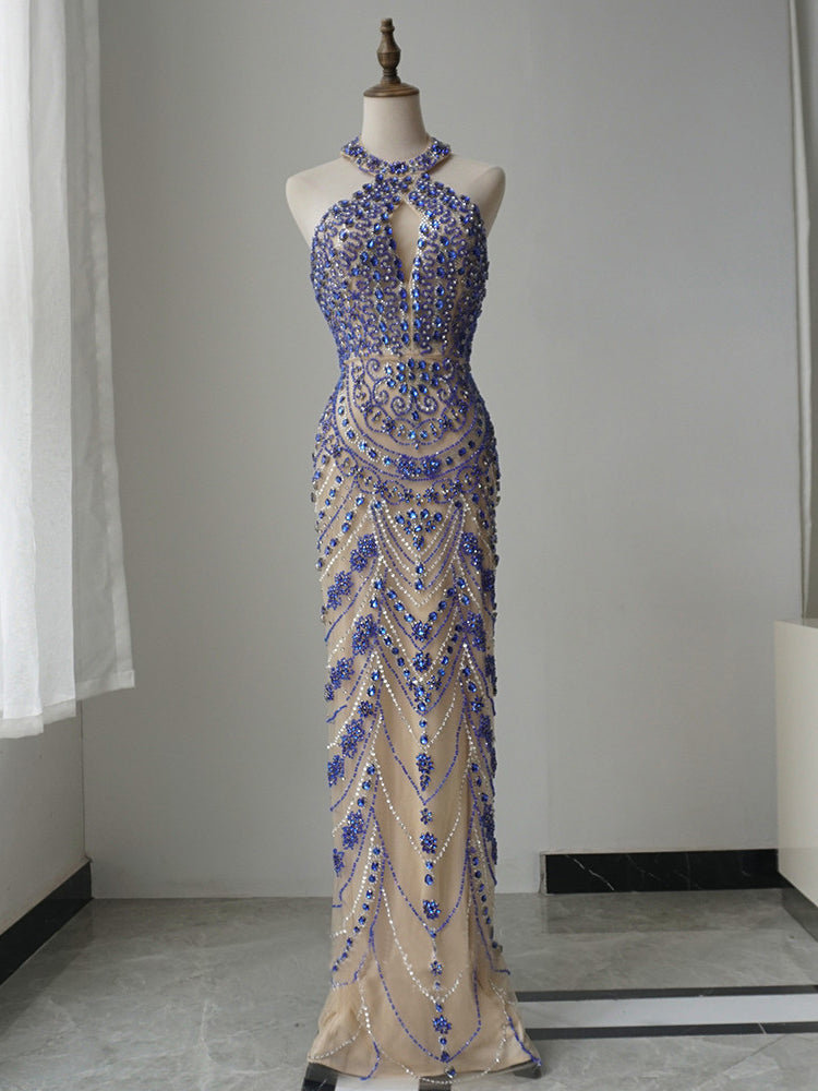 Mermaid Halter Beaded Long Prom Dress Unique Green Evening Gowns CRN004|Selinadress