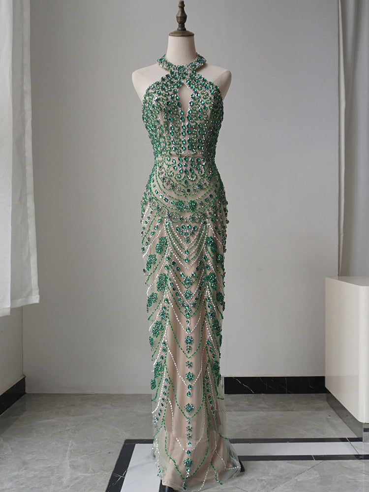 Mermaid Halter Beaded Long Prom Dress Unique Green Evening Gowns CRN004|Selinadress