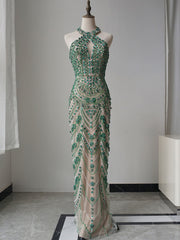 Mermaid Halter Beaded Long Prom Dress Unique Green Evening Gowns CRN004|Selinadress