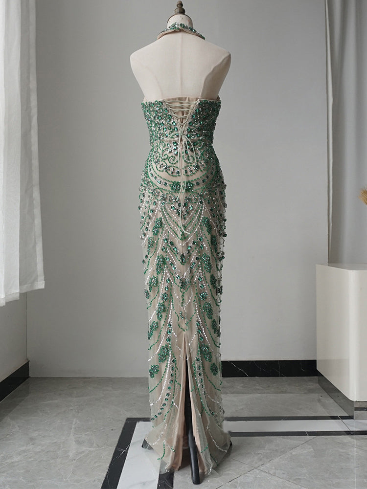 Mermaid Halter Beaded Long Prom Dress Unique Green Evening Gowns CRN004|Selinadress