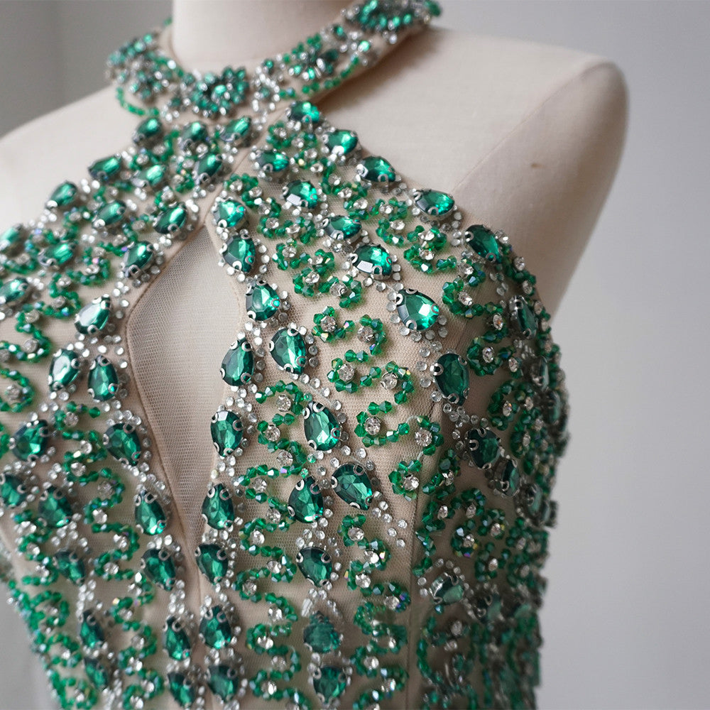 Mermaid Halter Beaded Long Prom Dress Unique Green Evening Gowns CRN004|Selinadress