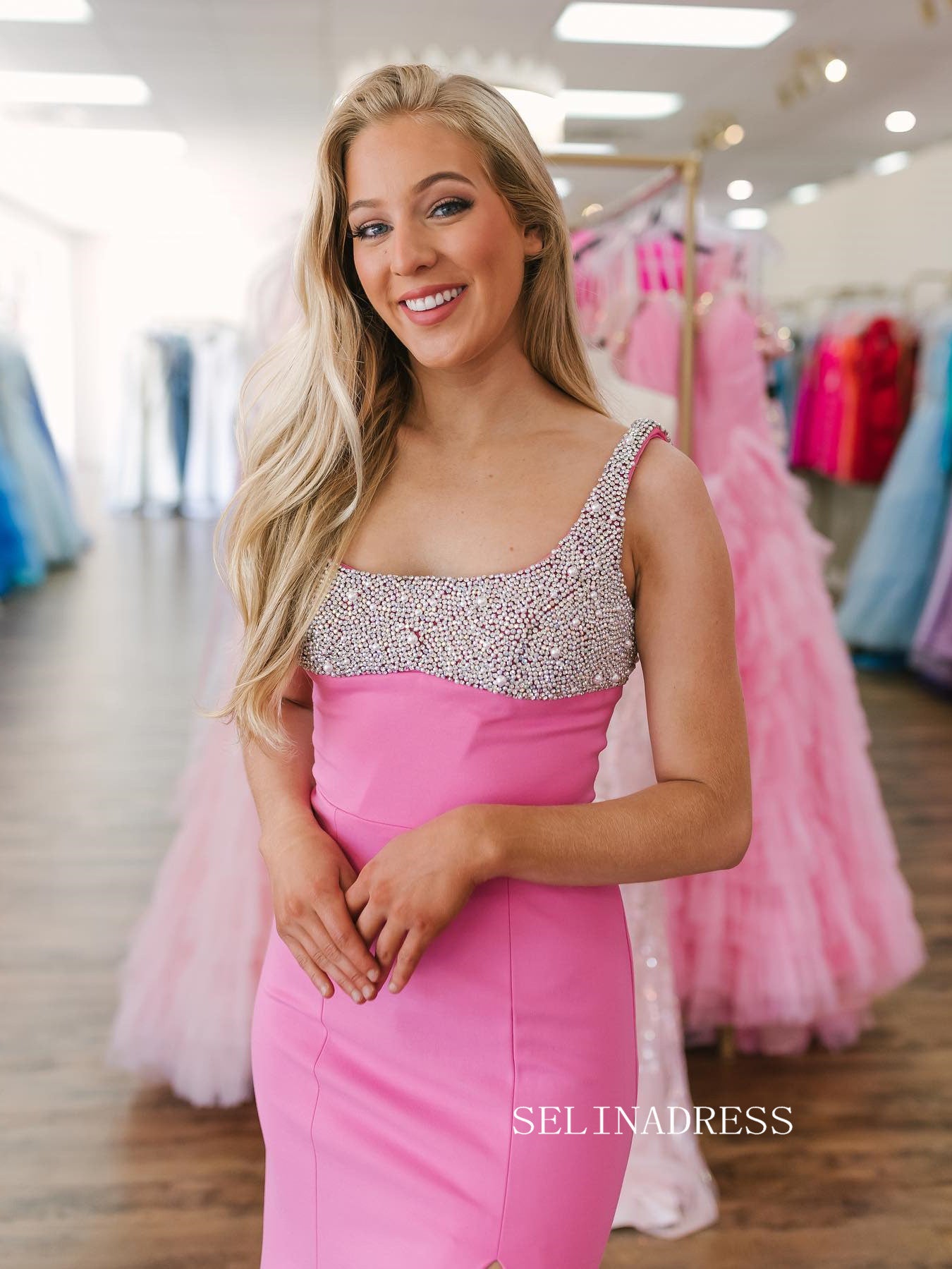 Mermaid Straps Pink Beaded Long Prom Dresses High Slit Formal Dresses SELINADRESS Mermaid Straps Pink Beaded Long Prom Dresses High Slit Formal Dresses SELINADRESS
